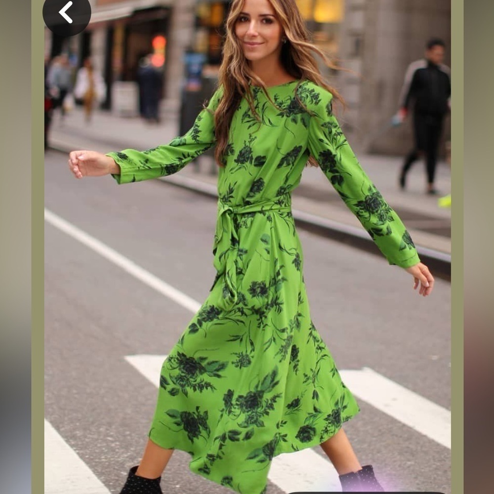 Something Navy dress green floral midi belted cottagecore feminine size XS